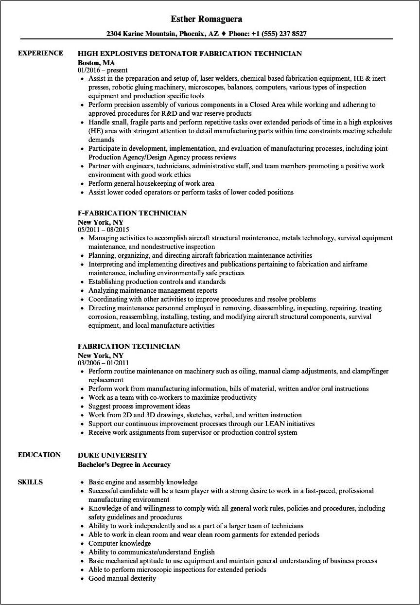 Sample Resume For Fabrication Supervisor