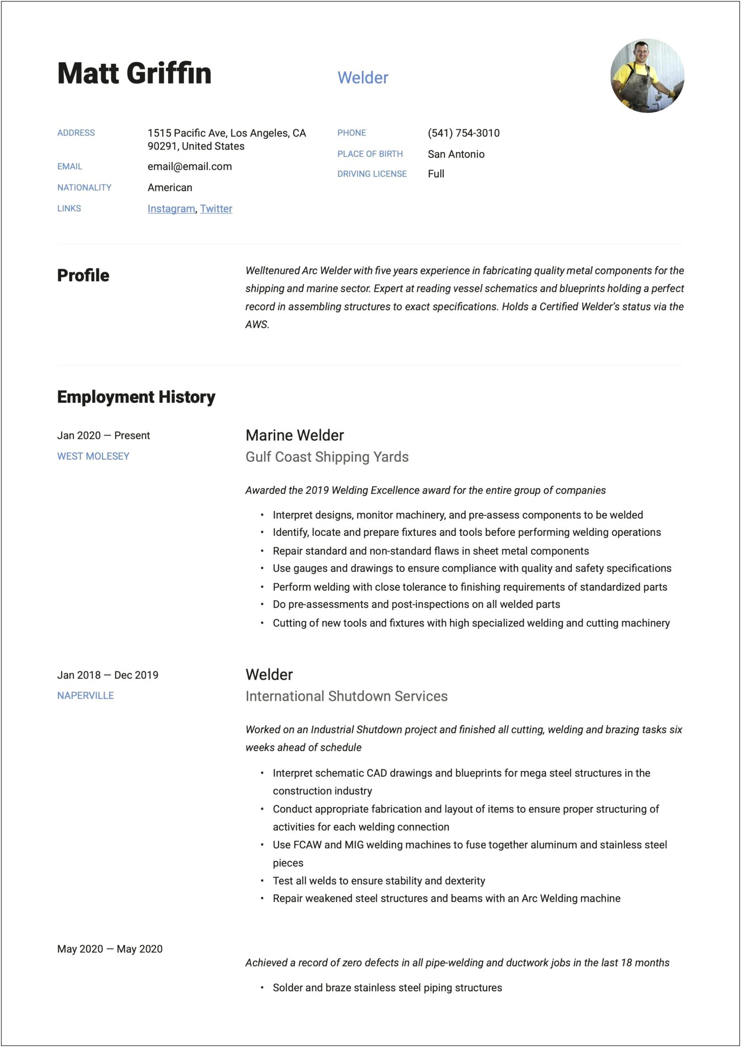 Sample Resume For Fabricator Welder
