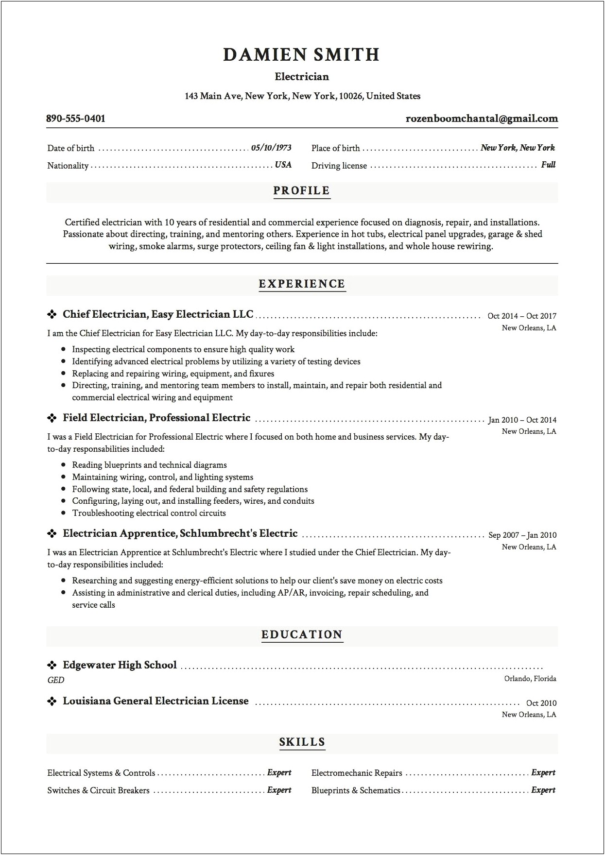 Sample Resume For Federal Electrician