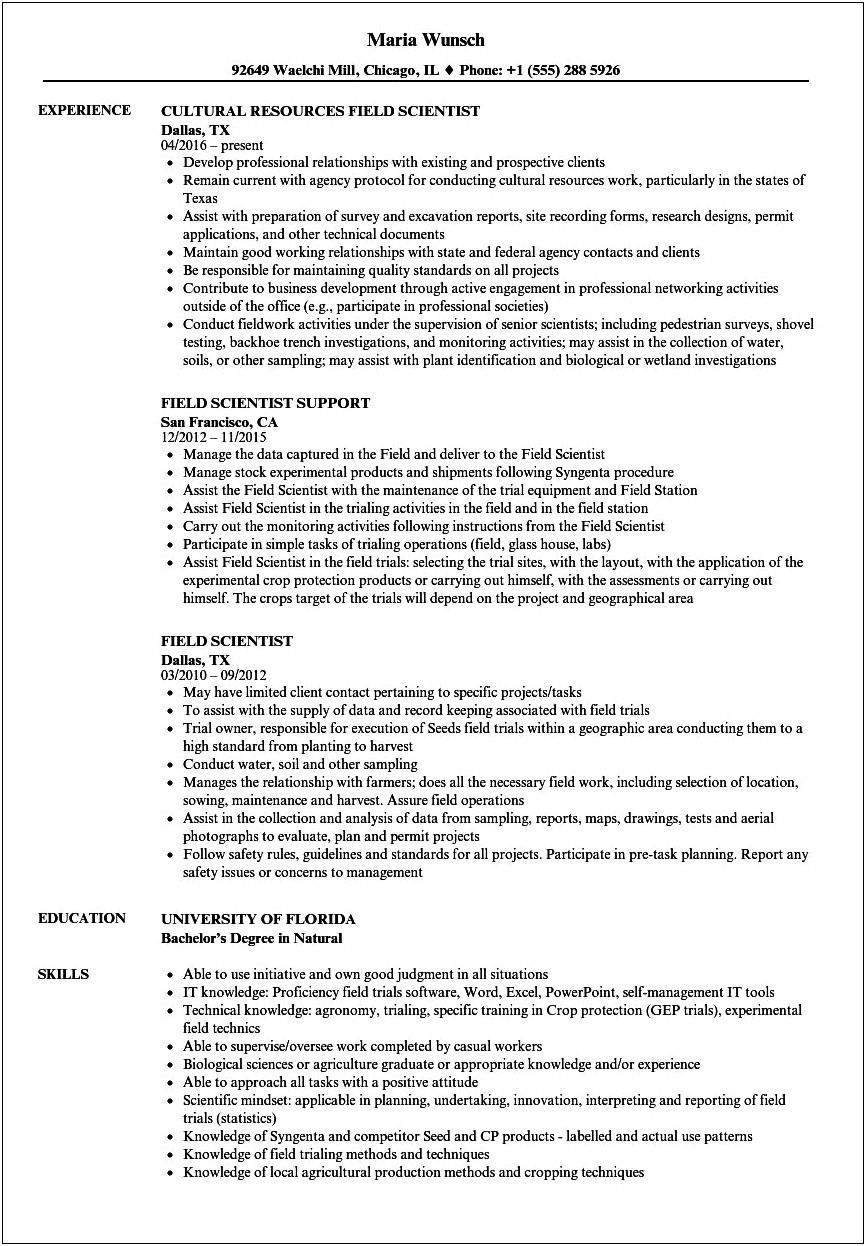 Sample Resume For Field Investigator