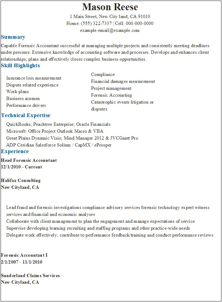 Sample Resume For Forensic Accountant