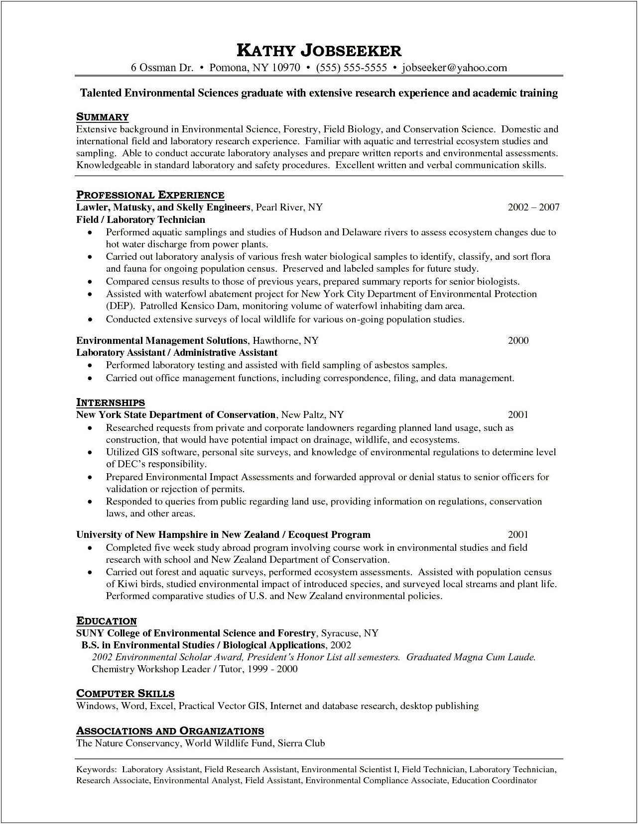 Sample Resume For Forest Techncian