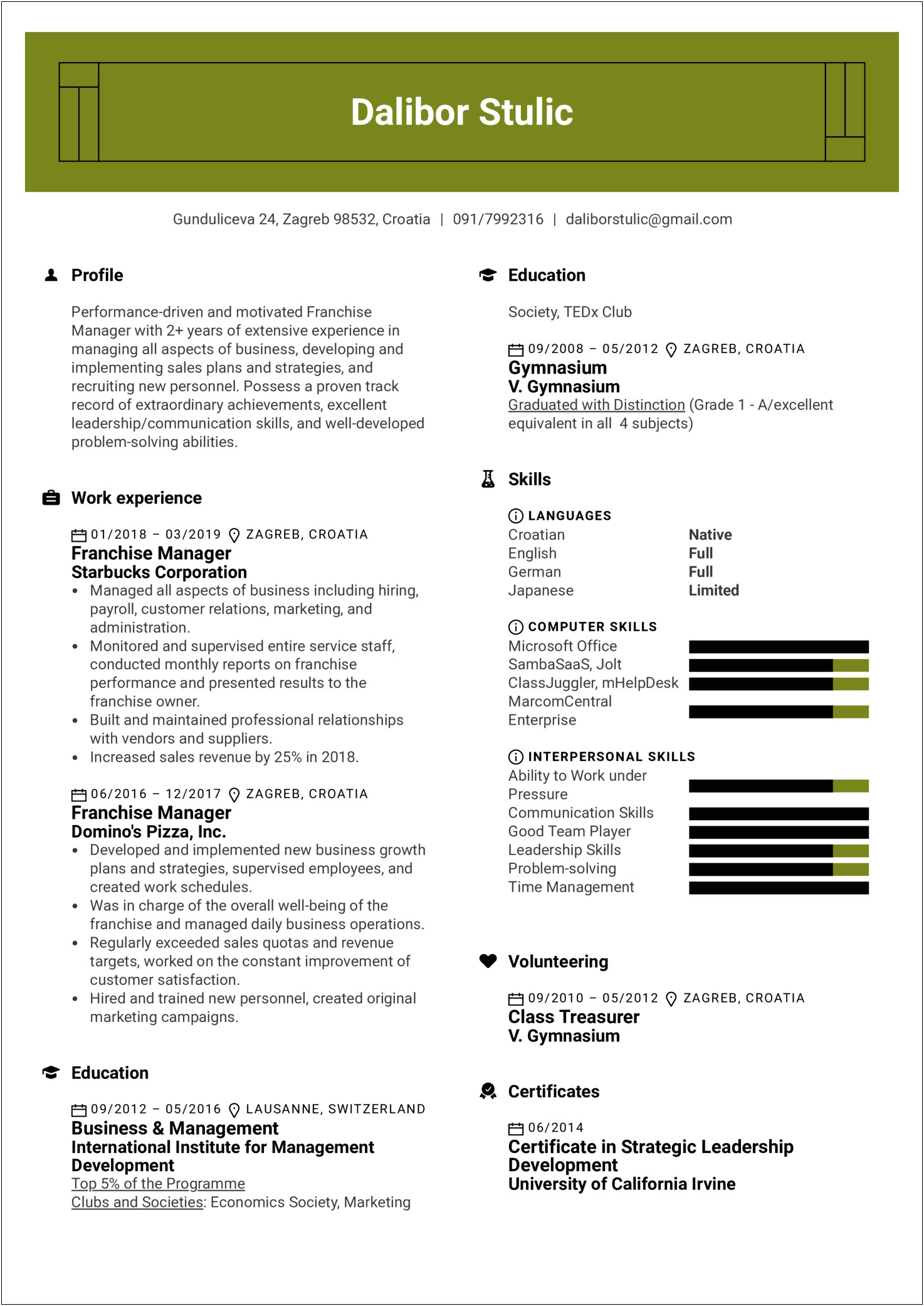 Sample Resume For Franchise Owner