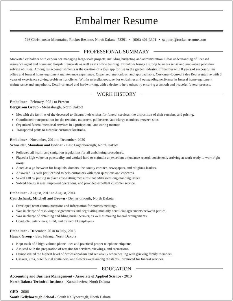 Sample Resume For Funeral Home