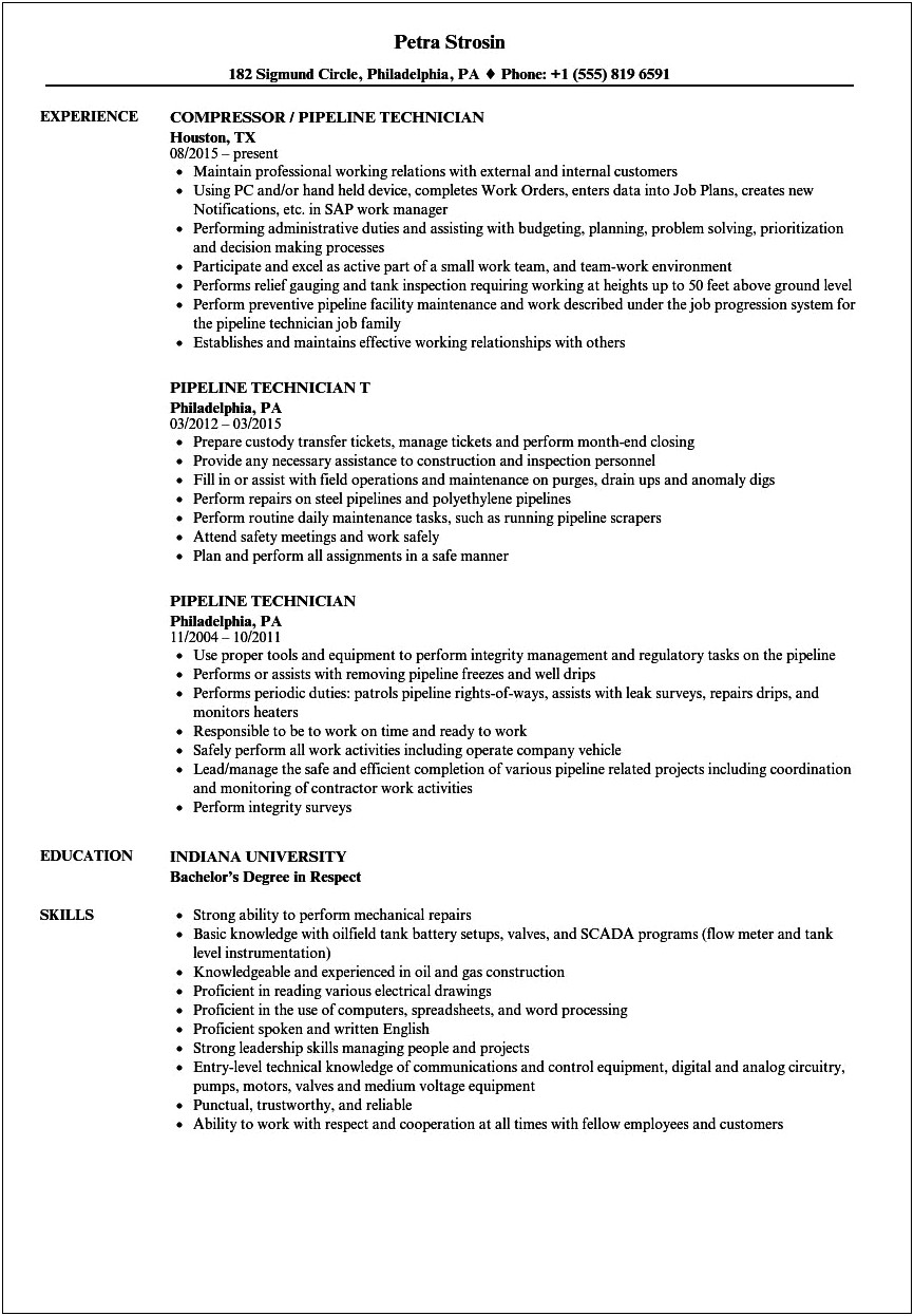 Sample Resume For Gas Technician