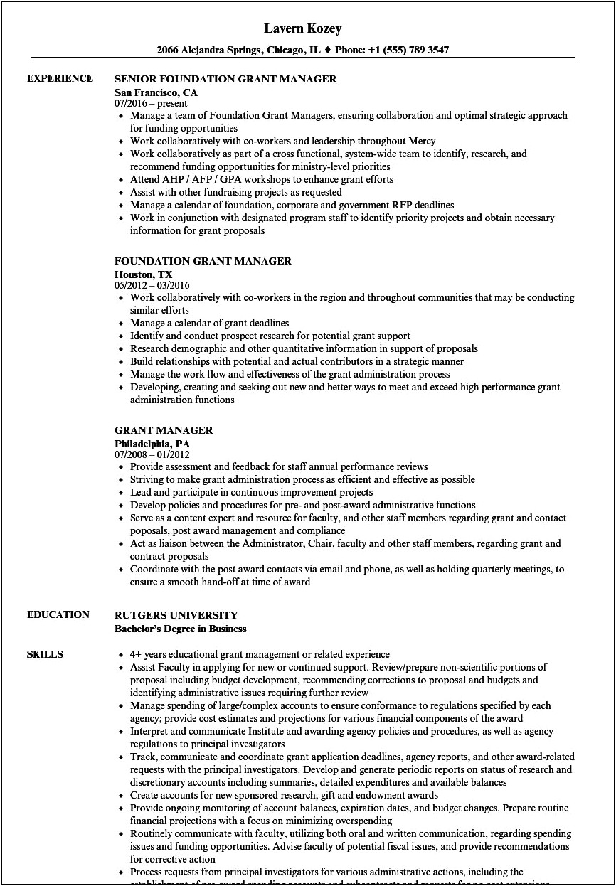 Sample Resume For Grant Administrator