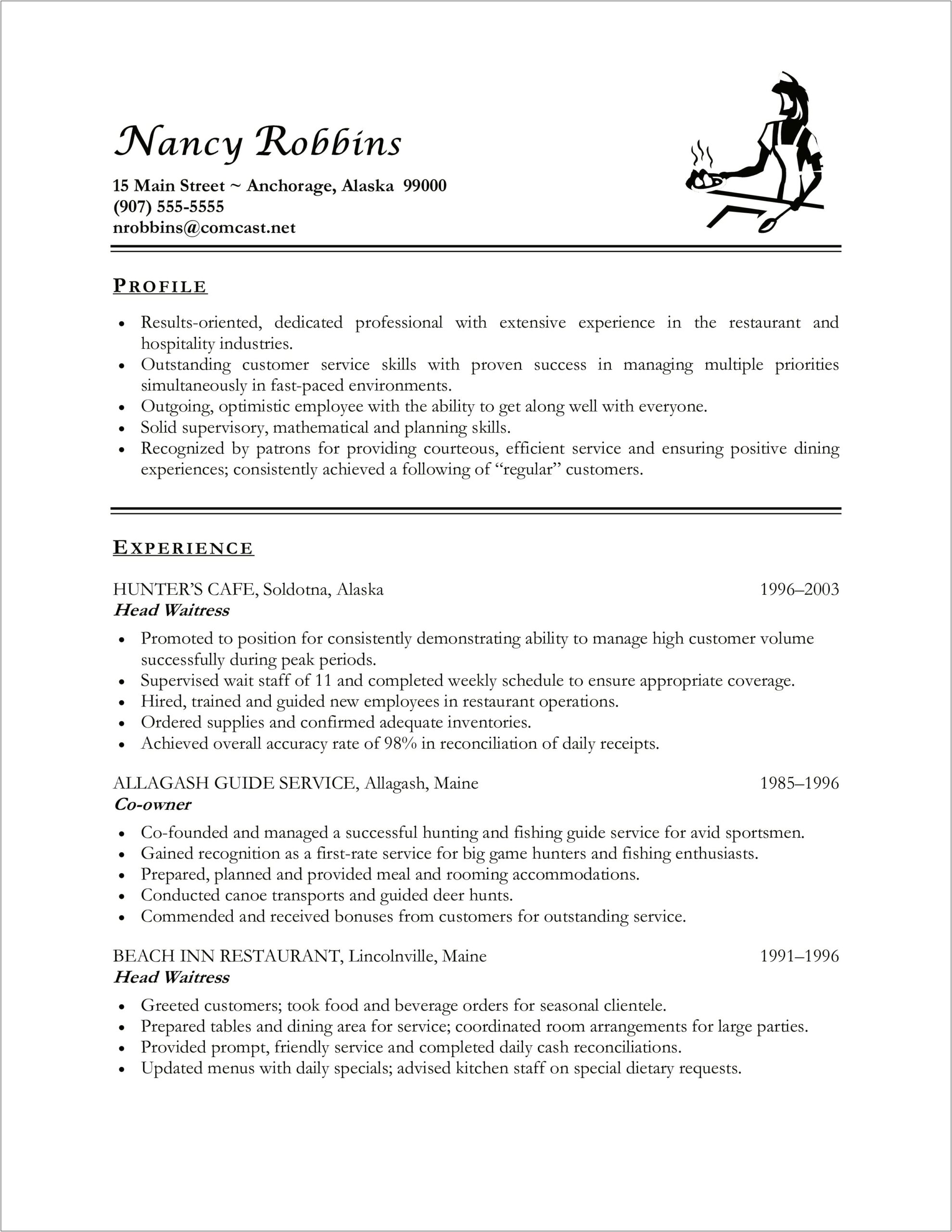 Sample Resume For Head Waitress