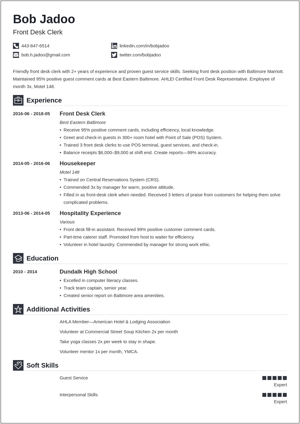 Sample Resume For Hospitality Students