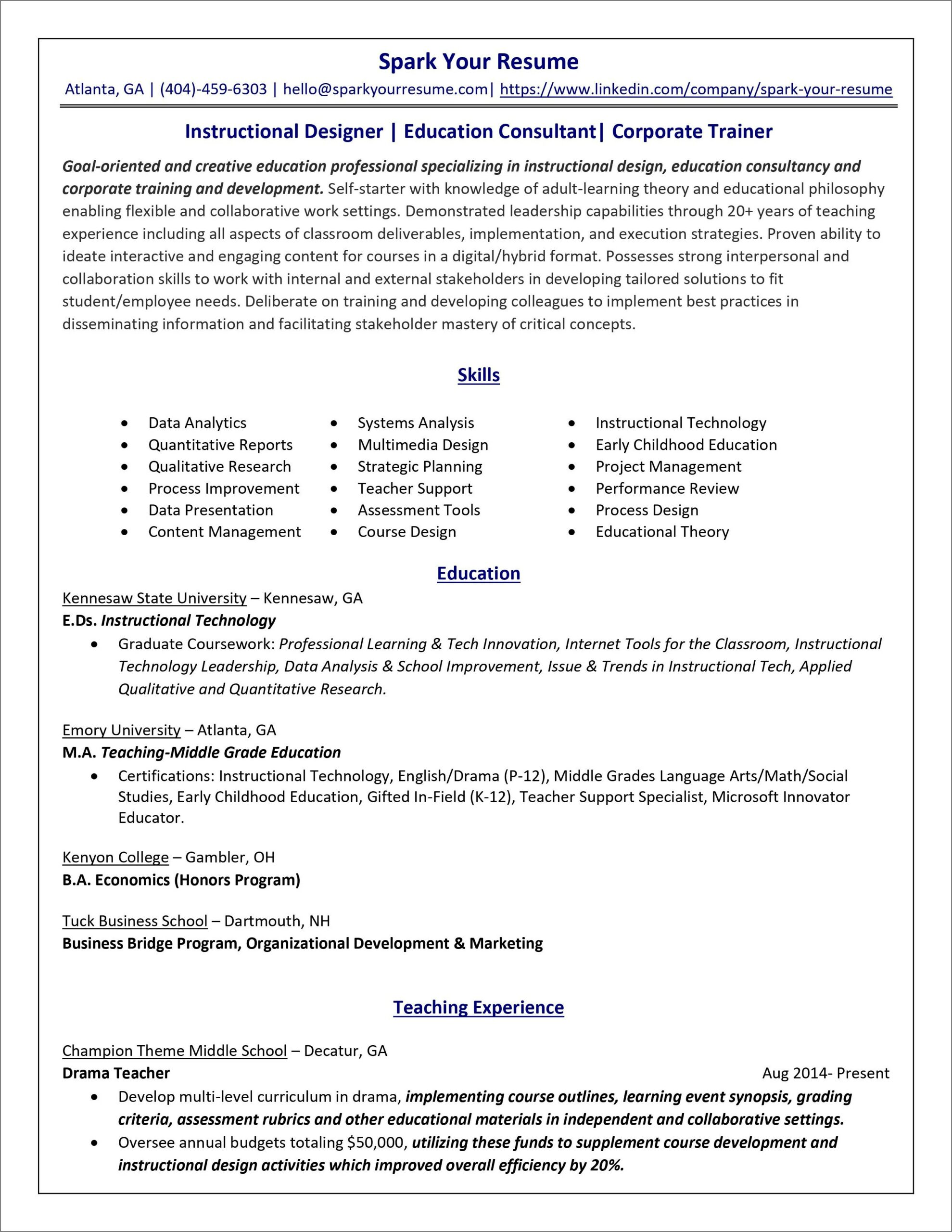 Sample Resume For Instructional Technology