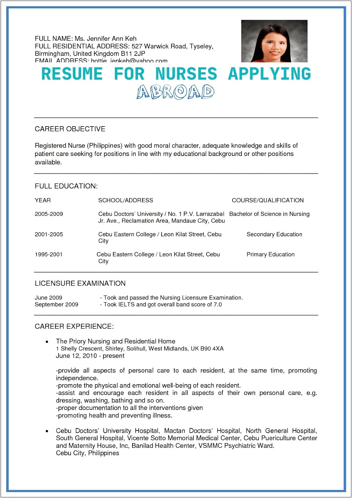 Sample Resume For International Nurses