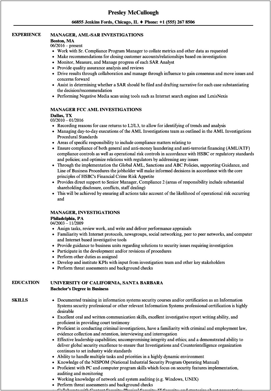 Sample Resume For Investigator Position