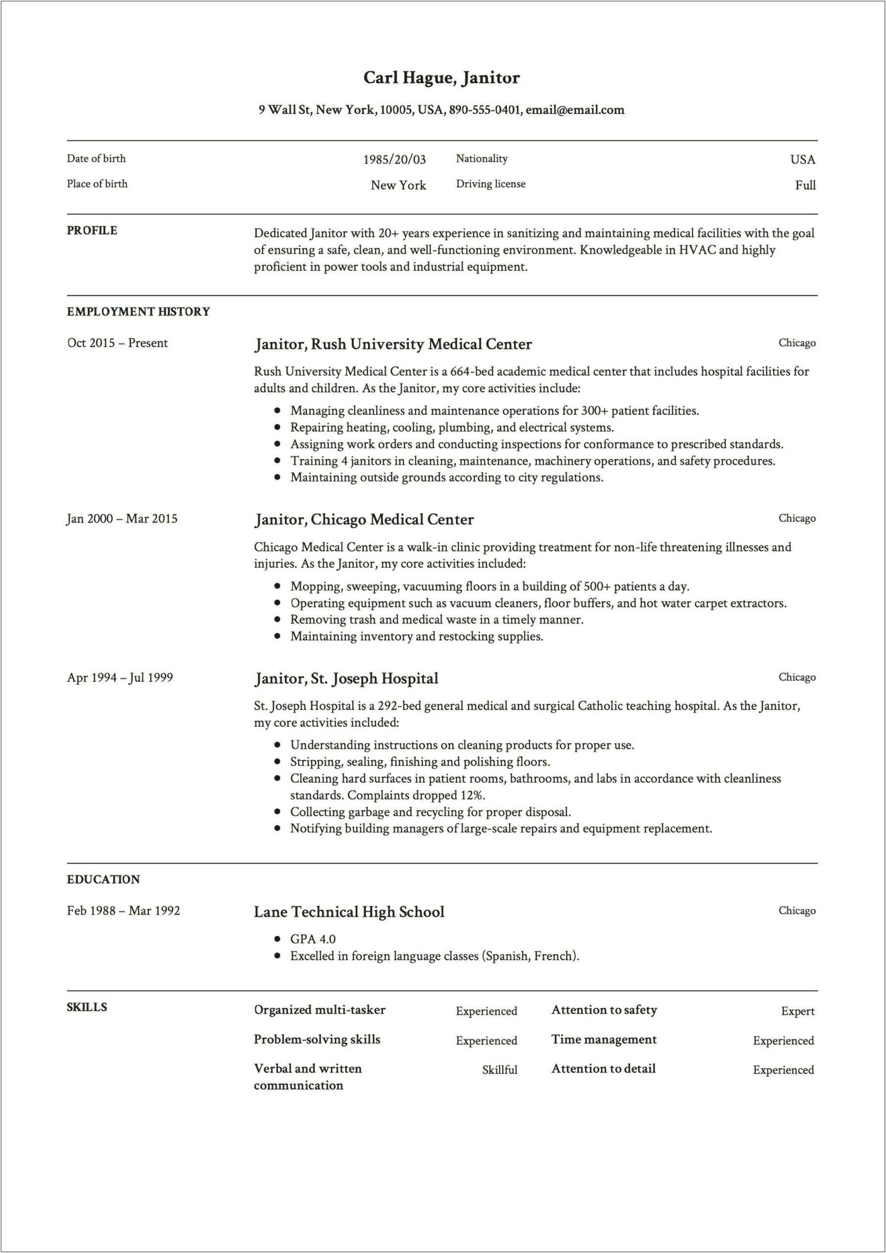 Sample Resume For Janitorial Services