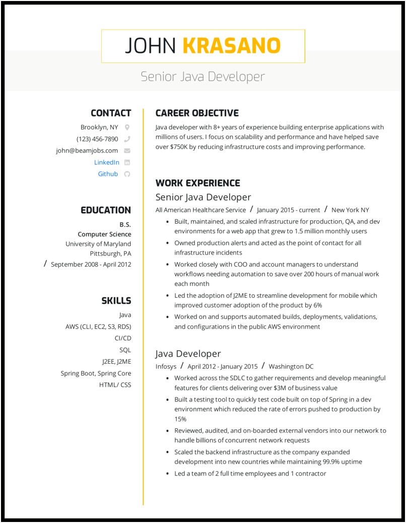Sample Resume For Java Constructor