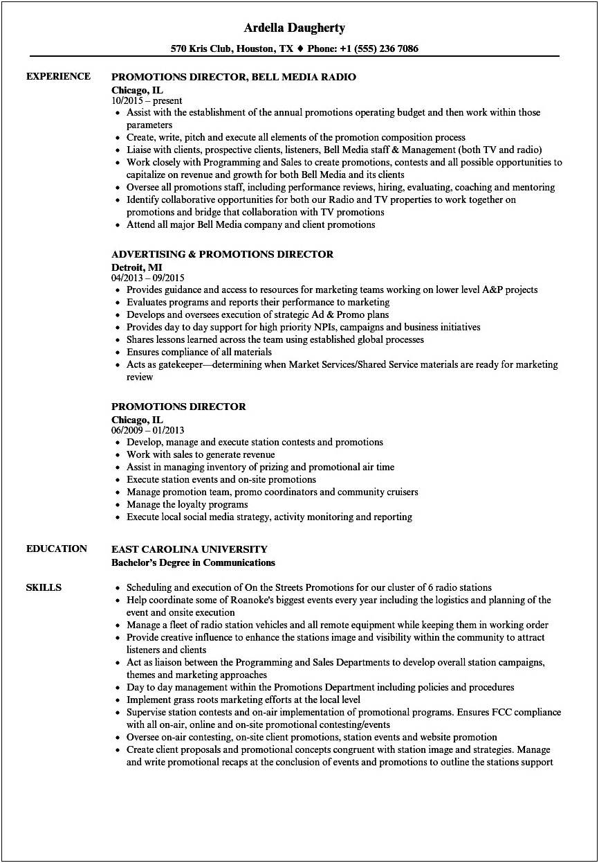 Sample Resume For Job Promotion