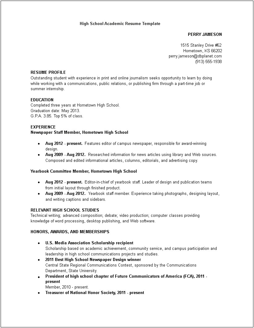Sample Resume For Journalism Student