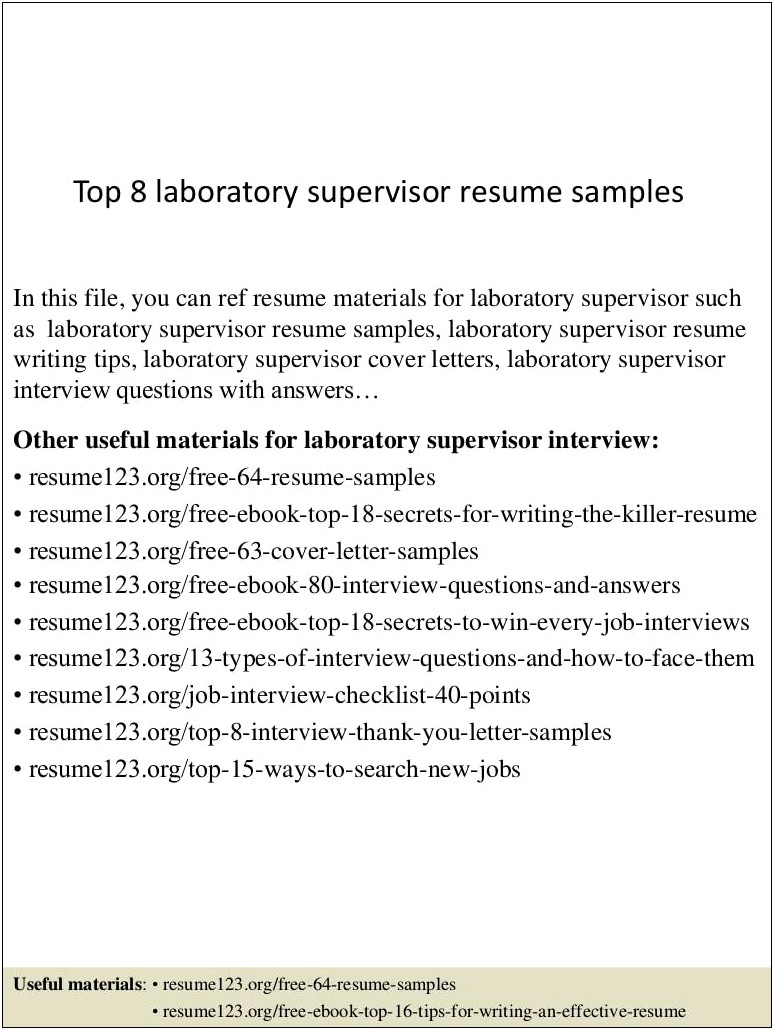 Sample Resume For Laboratory Supervisor