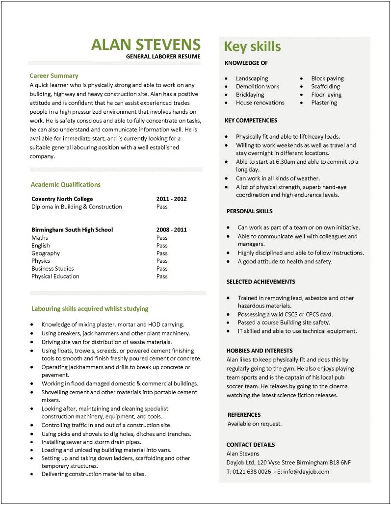 Sample Resume For Laborer Position
