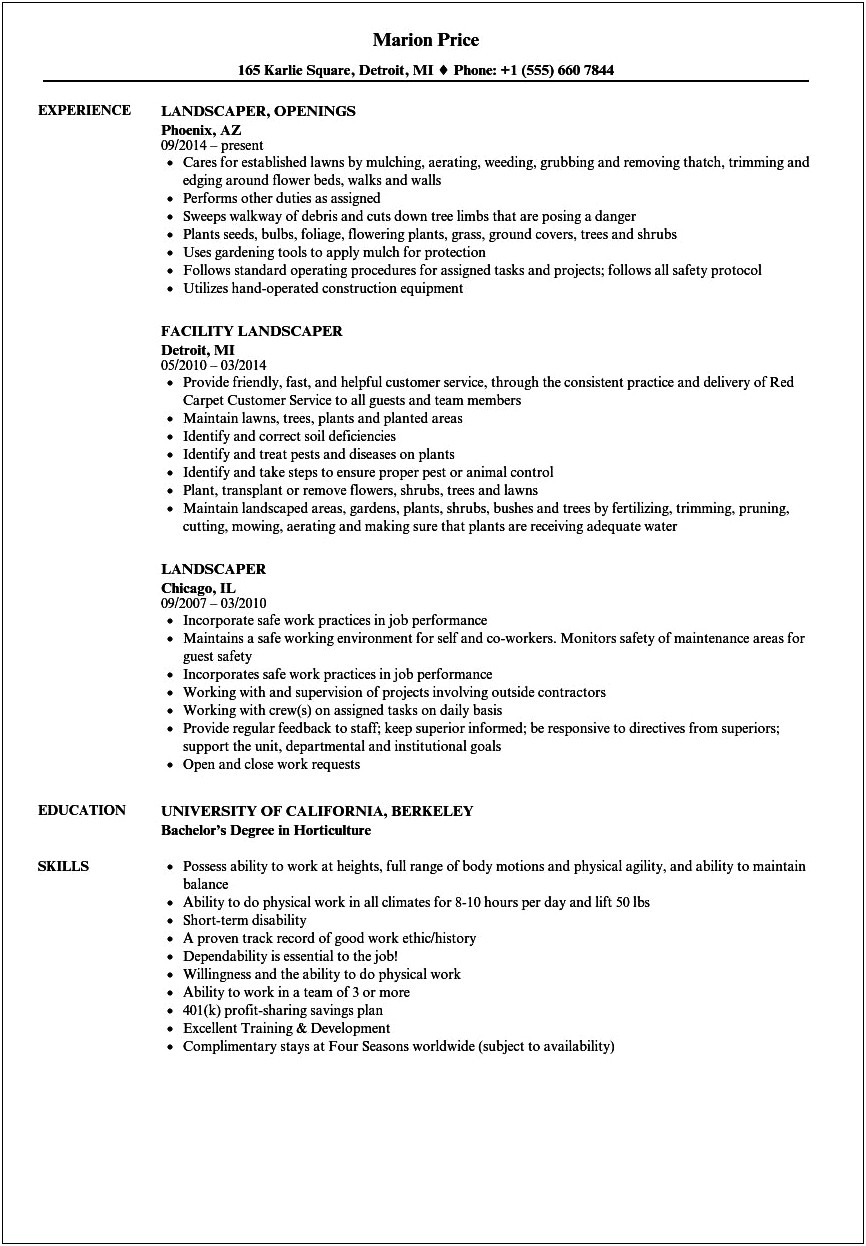 Sample Resume For Landscaping Laborer
