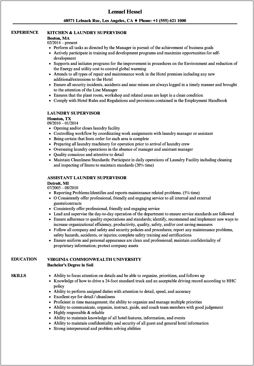 Sample Resume For Laundry Aide