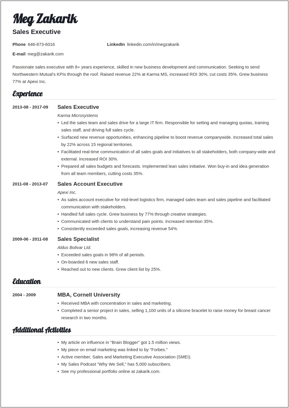Sample Resume For Leadership Positions