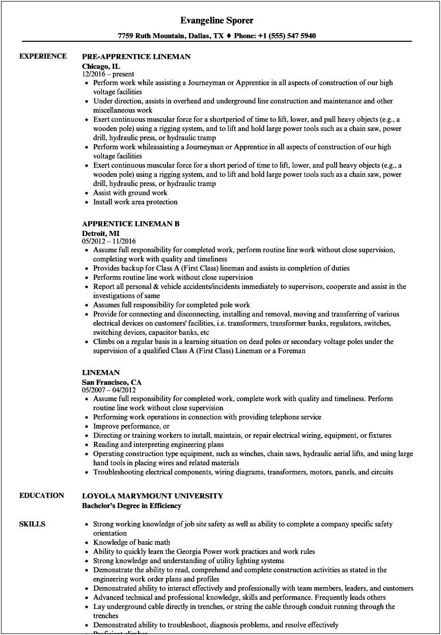 Sample Resume For Lineman Apprentice