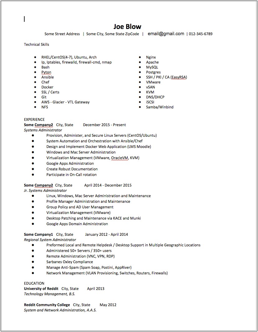 Sample Resume For Linux It