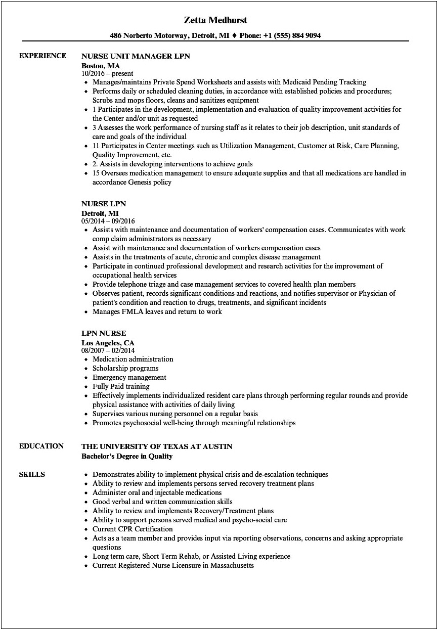 Sample Resume For Lvn Nurse