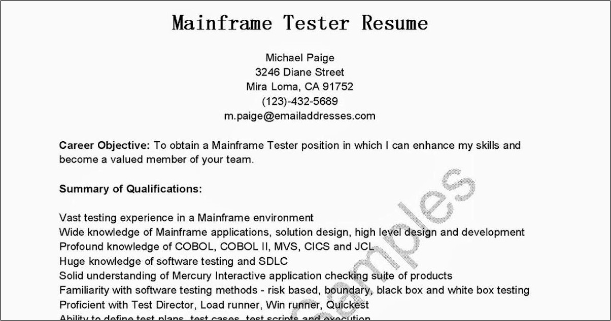 Sample Resume For Mainframe Tester