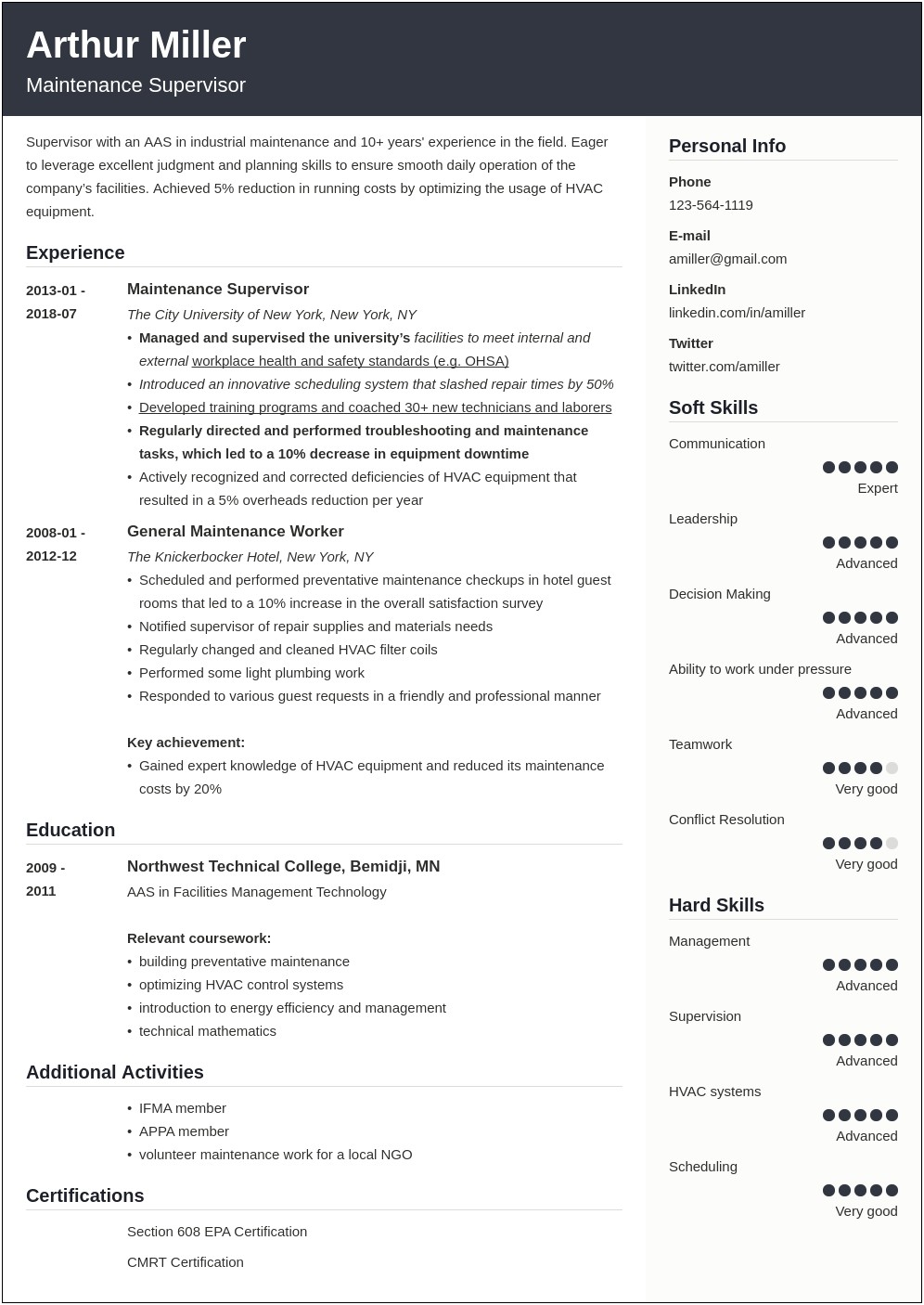 Sample Resume For Maintenance Work