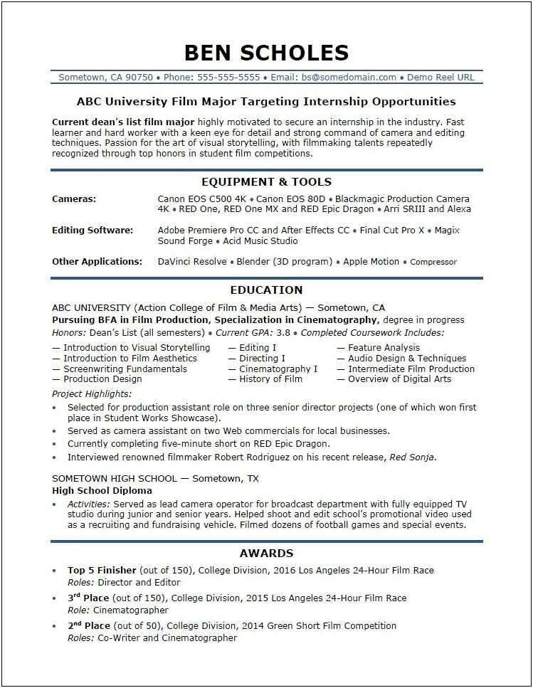 Sample Resume For Management Internship