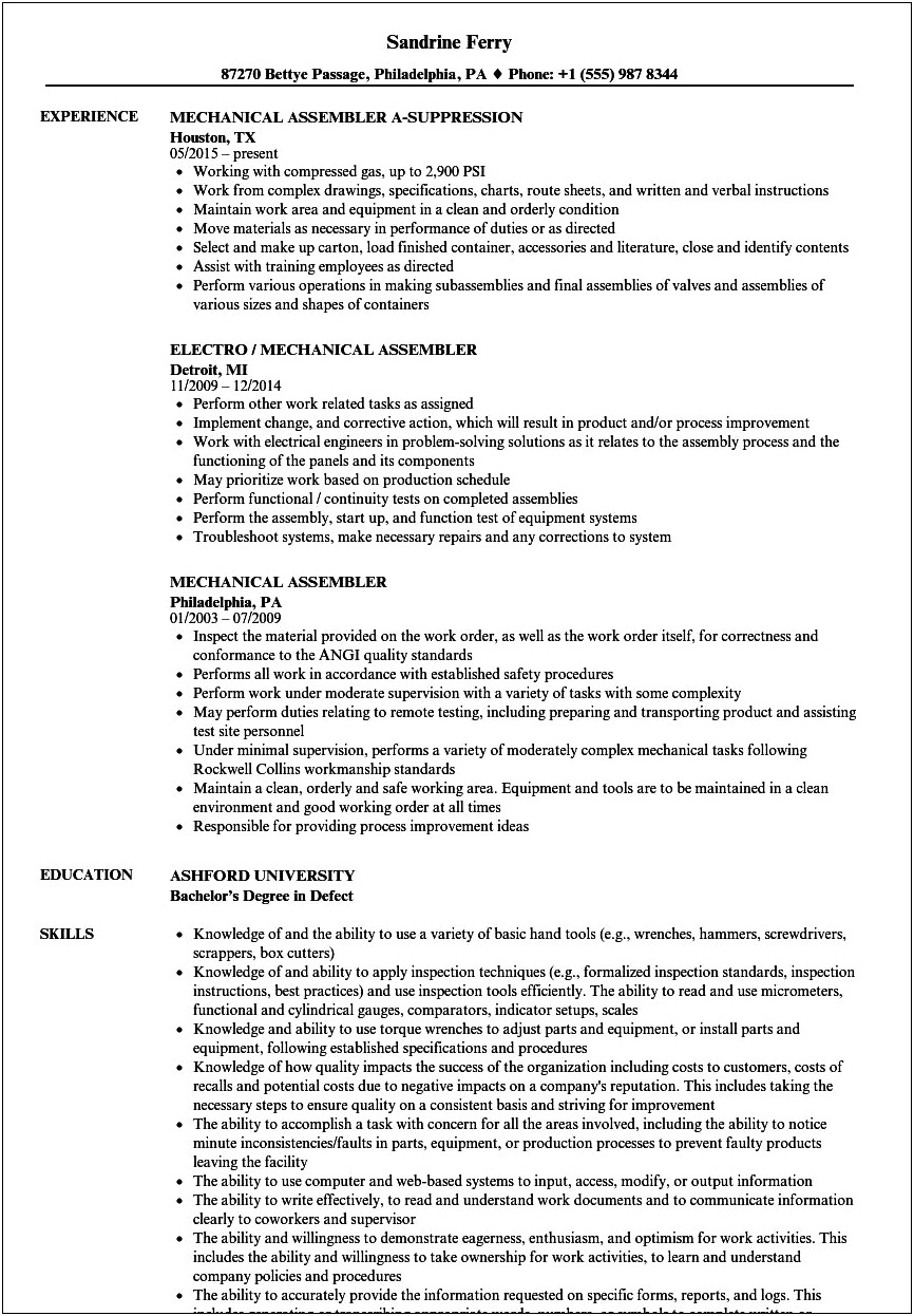 Sample Resume For Manufacturing Assembler