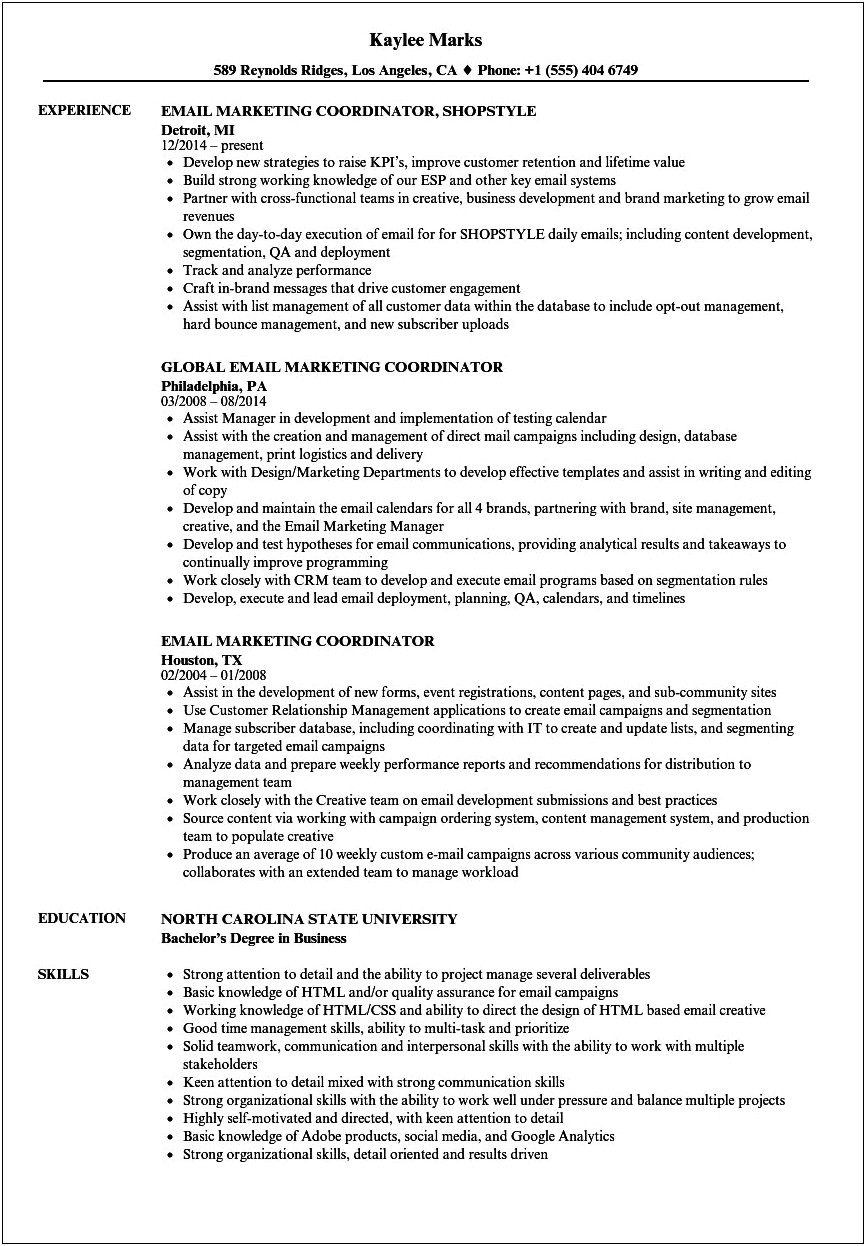 Sample Resume For Marketing Specialist