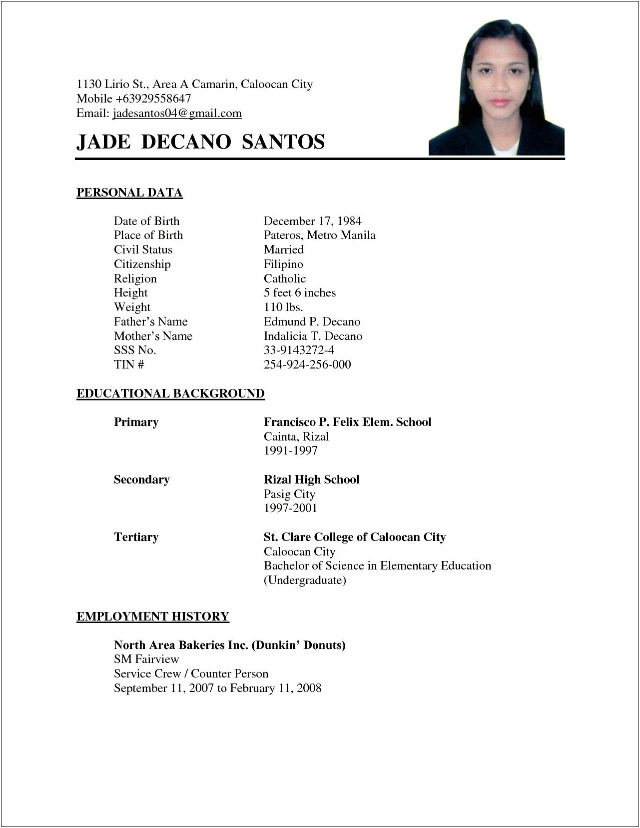 Sample Resume For Married Applicants