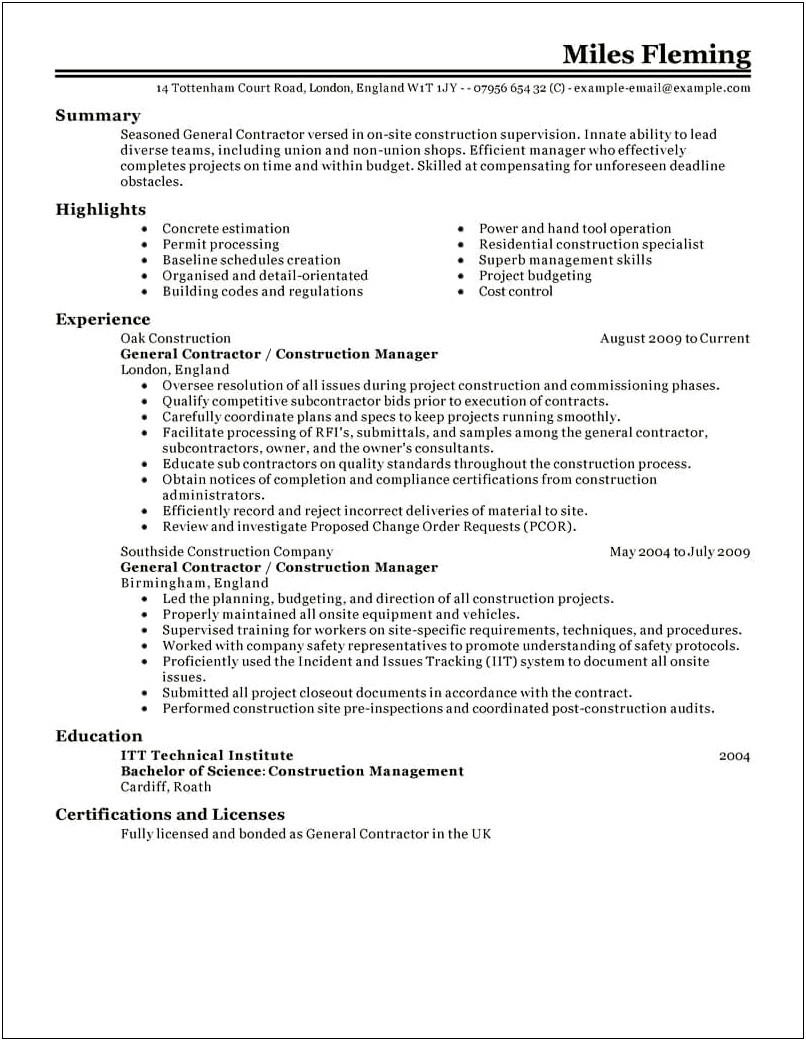Sample Resume For Military Contractor