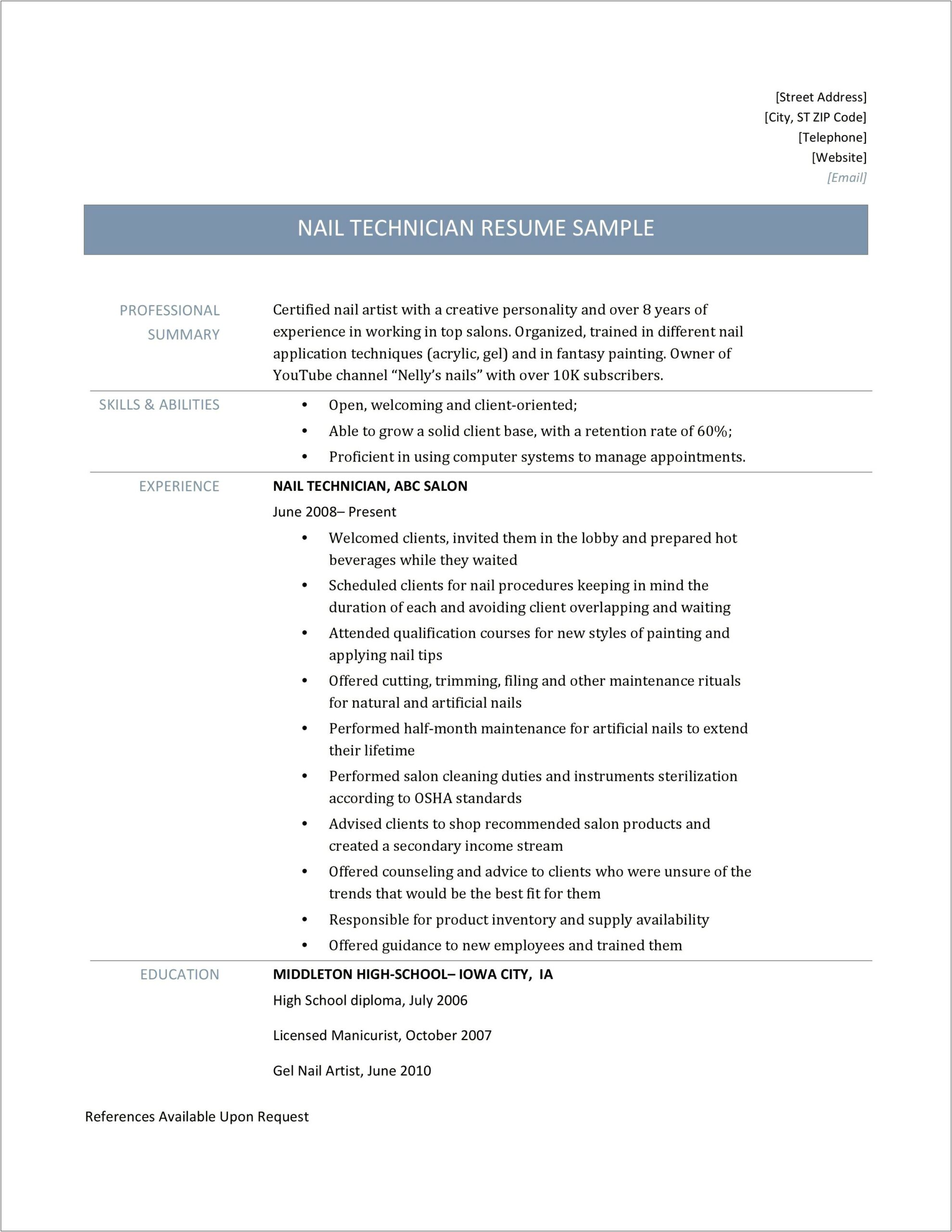 Sample Resume For Nail Technicians