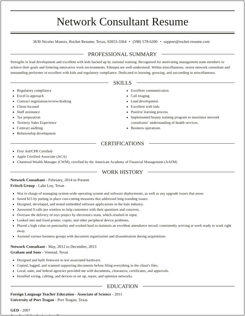 Sample Resume For Network Consultant