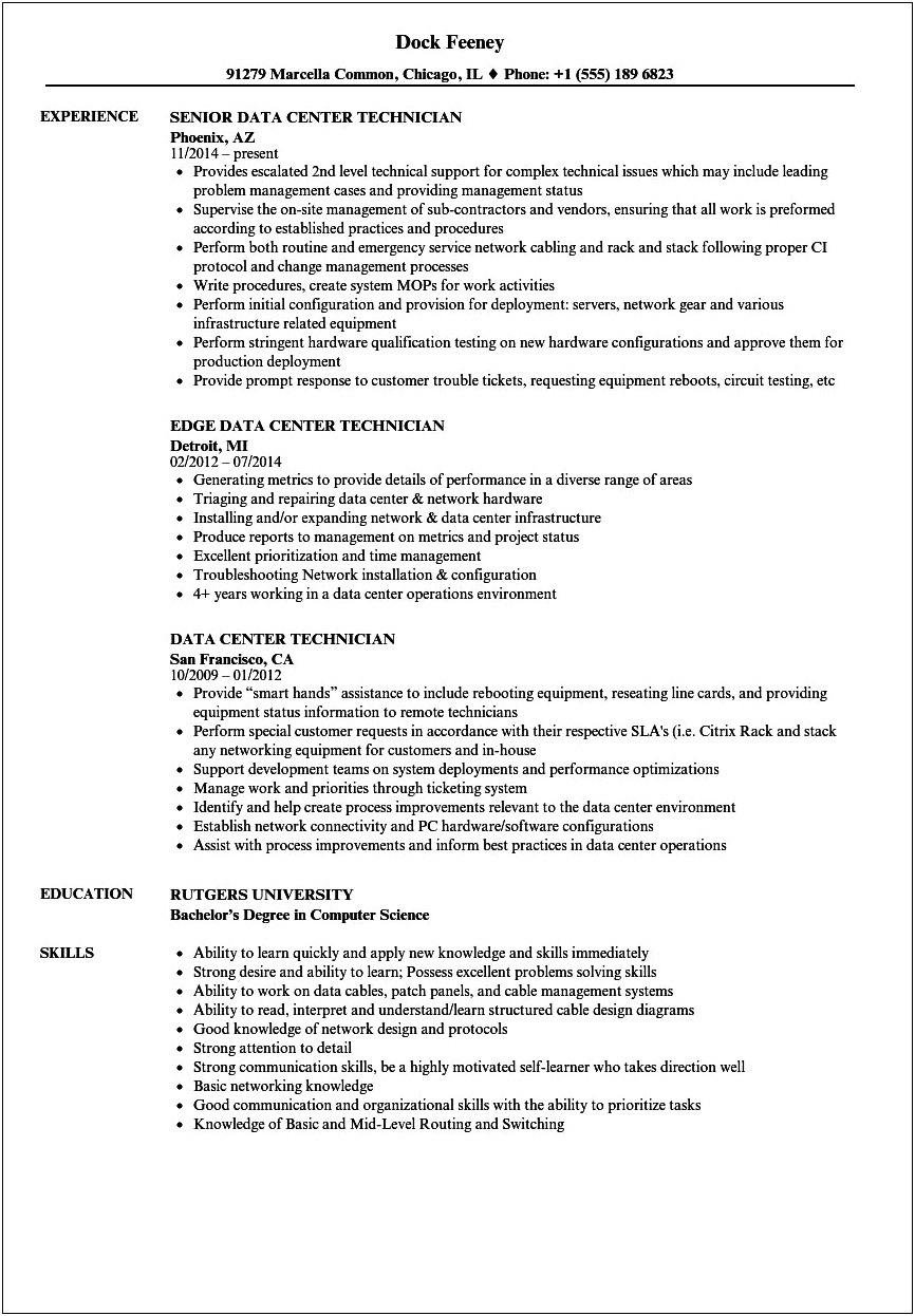Sample Resume For Network Techniciain