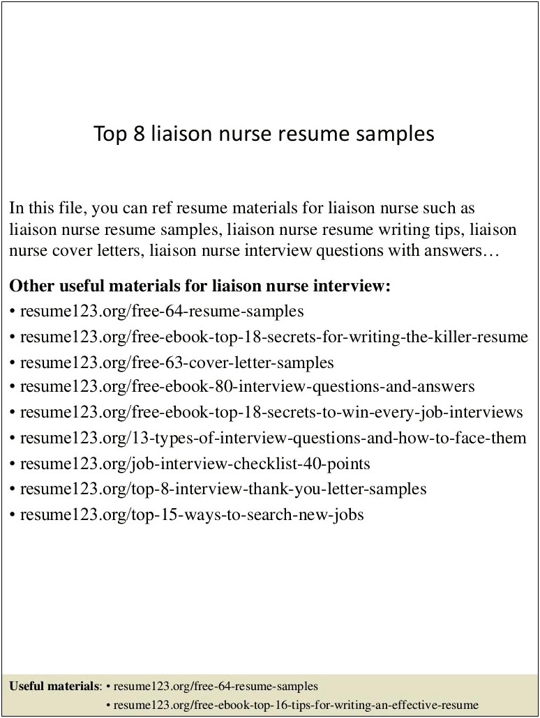 Sample Resume For Nurse Liaison