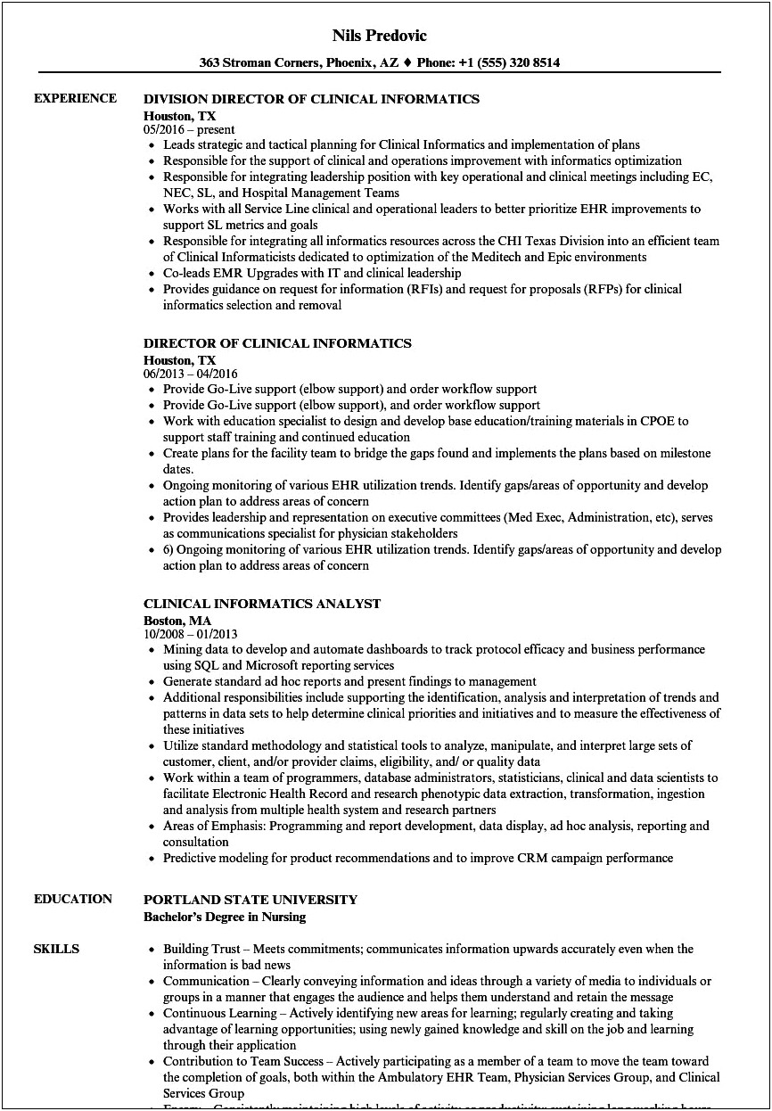 Sample Resume For Nursing Informatics