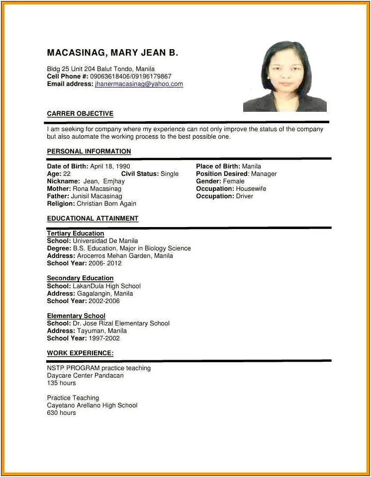 Sample Resume For Ojt Teacher