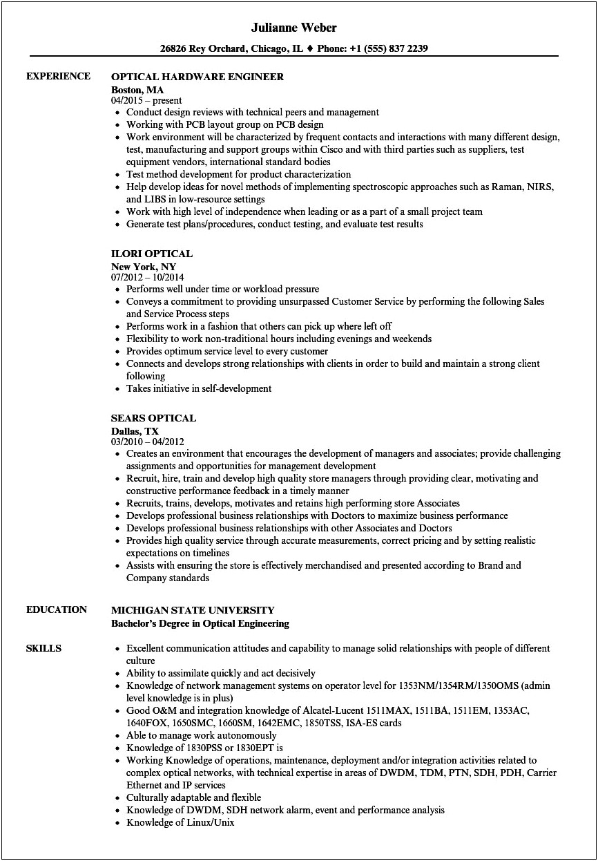 Sample Resume For Optical Engineer