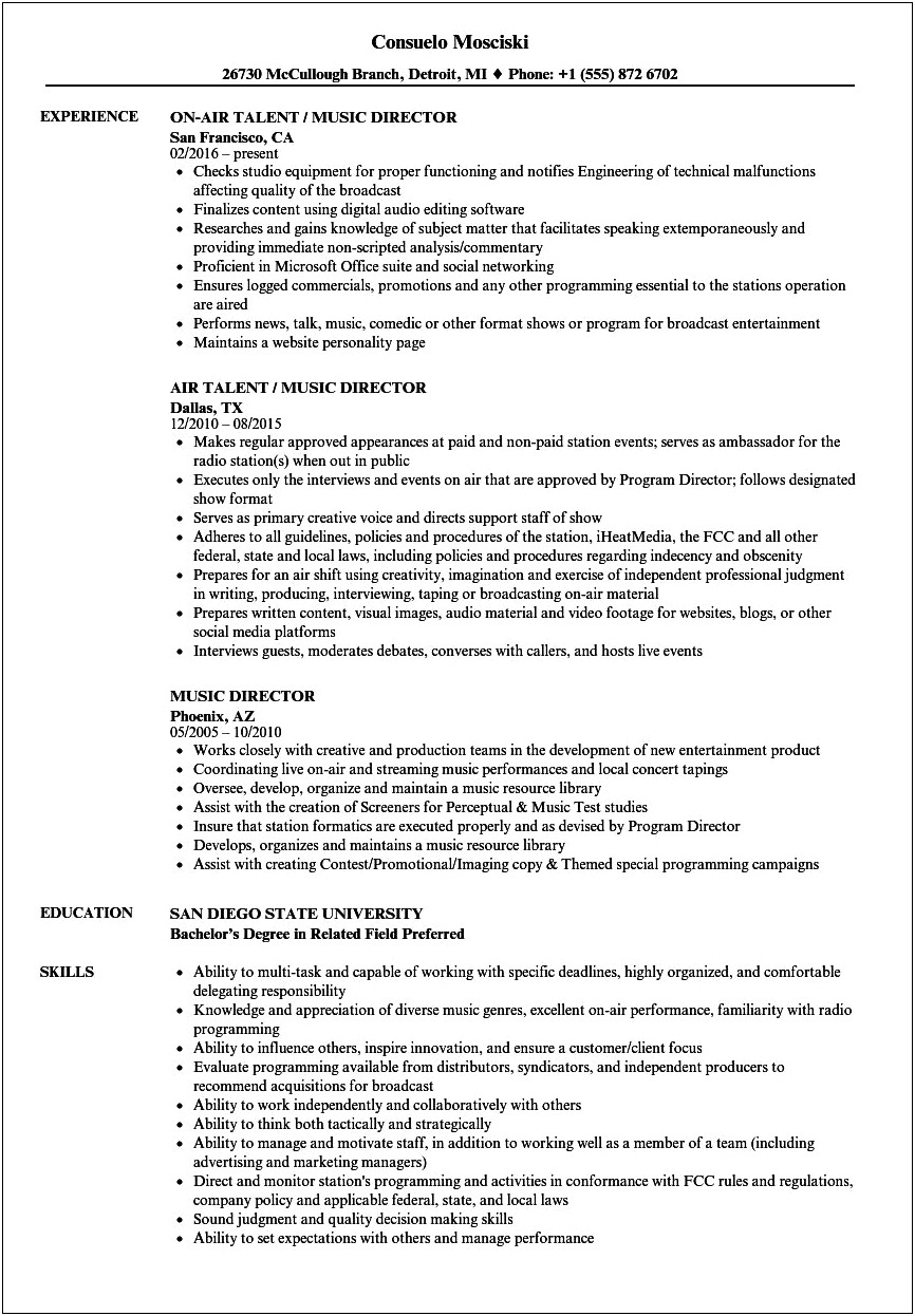 Sample Resume For Orchestra Audition