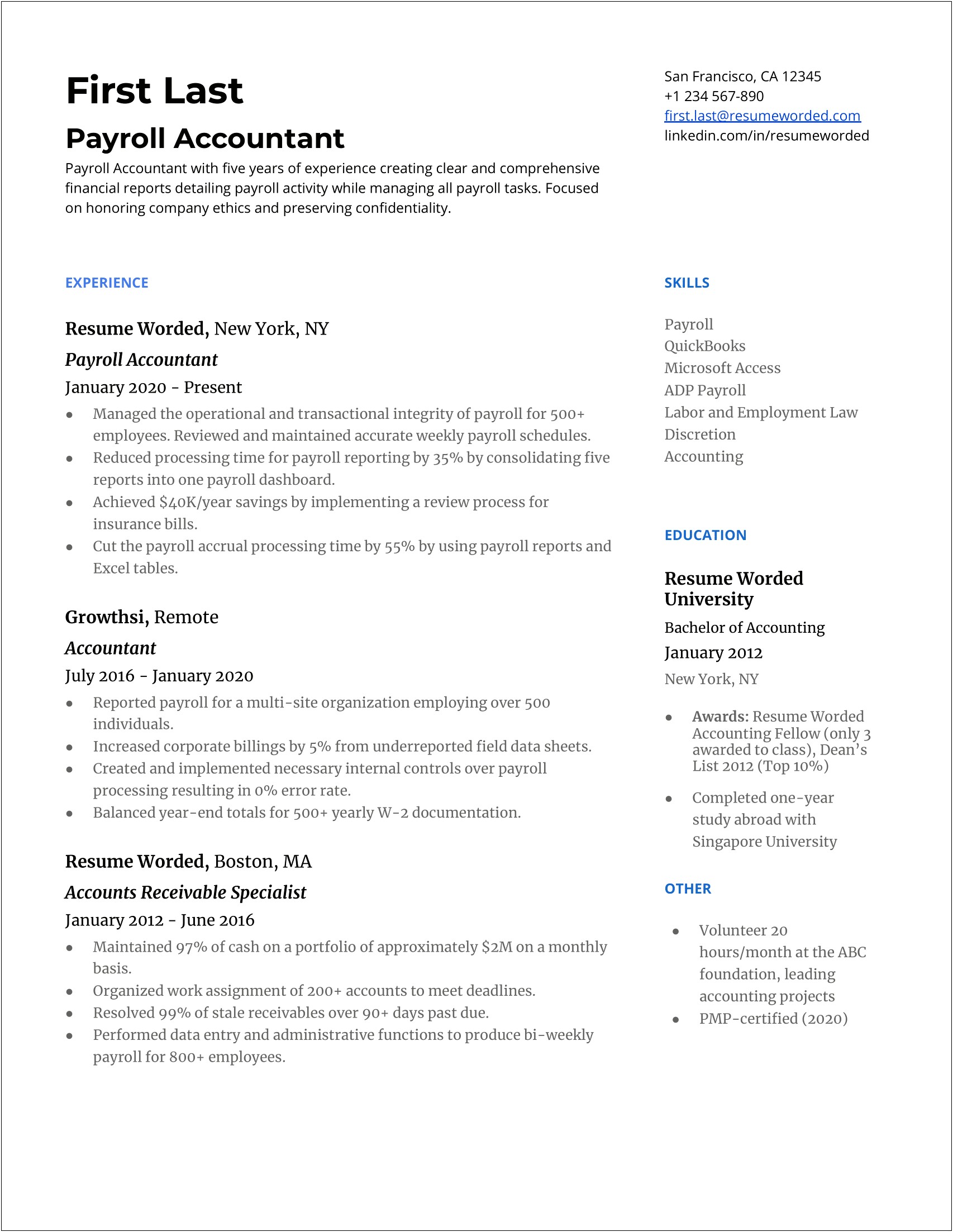 Sample Resume For Payroll Position