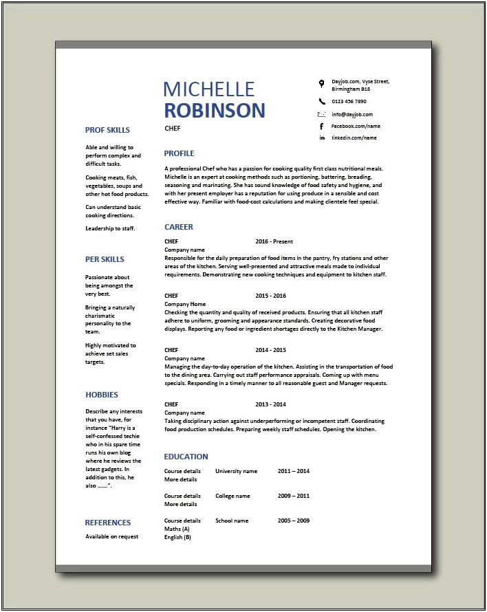 Sample Resume For Personal Chef