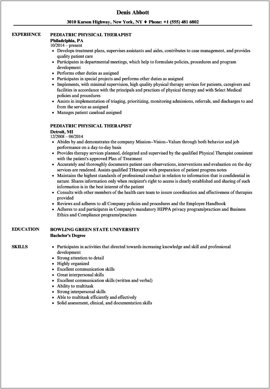 Sample Resume For Physical Therapists