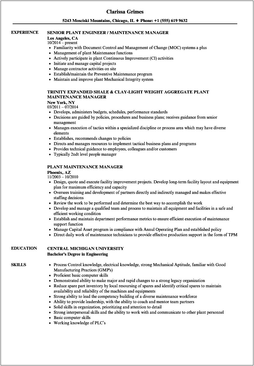 Sample Resume For Plant Manage