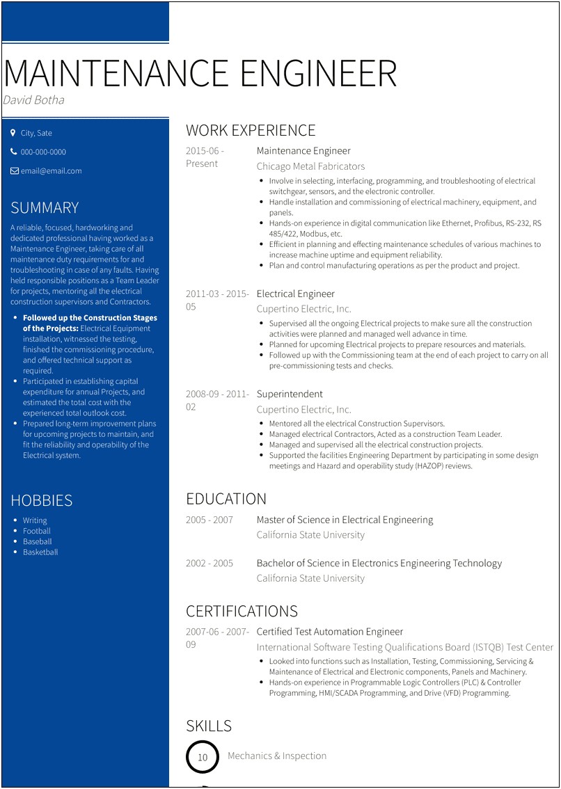 Sample Resume For Plc Engineer