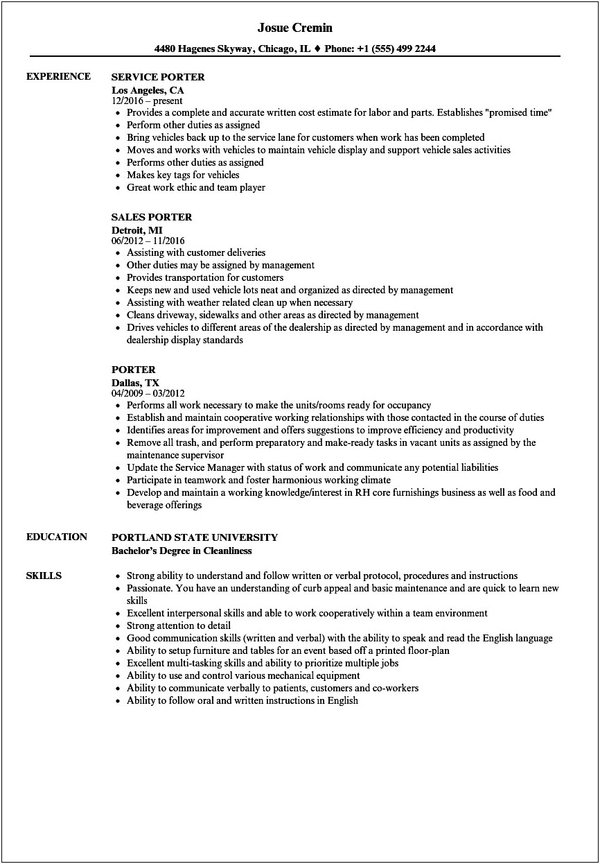 Sample Resume For Porter Maintenance
