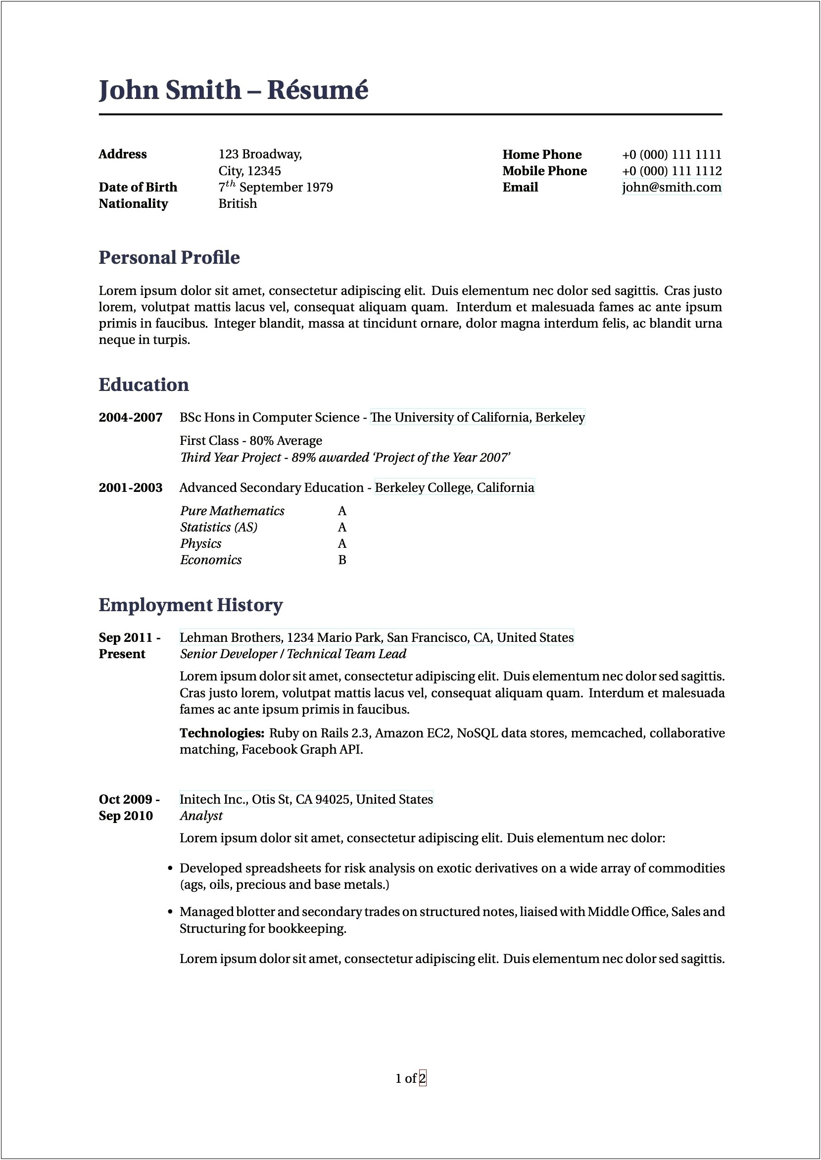 Sample Resume For Postdoc Application