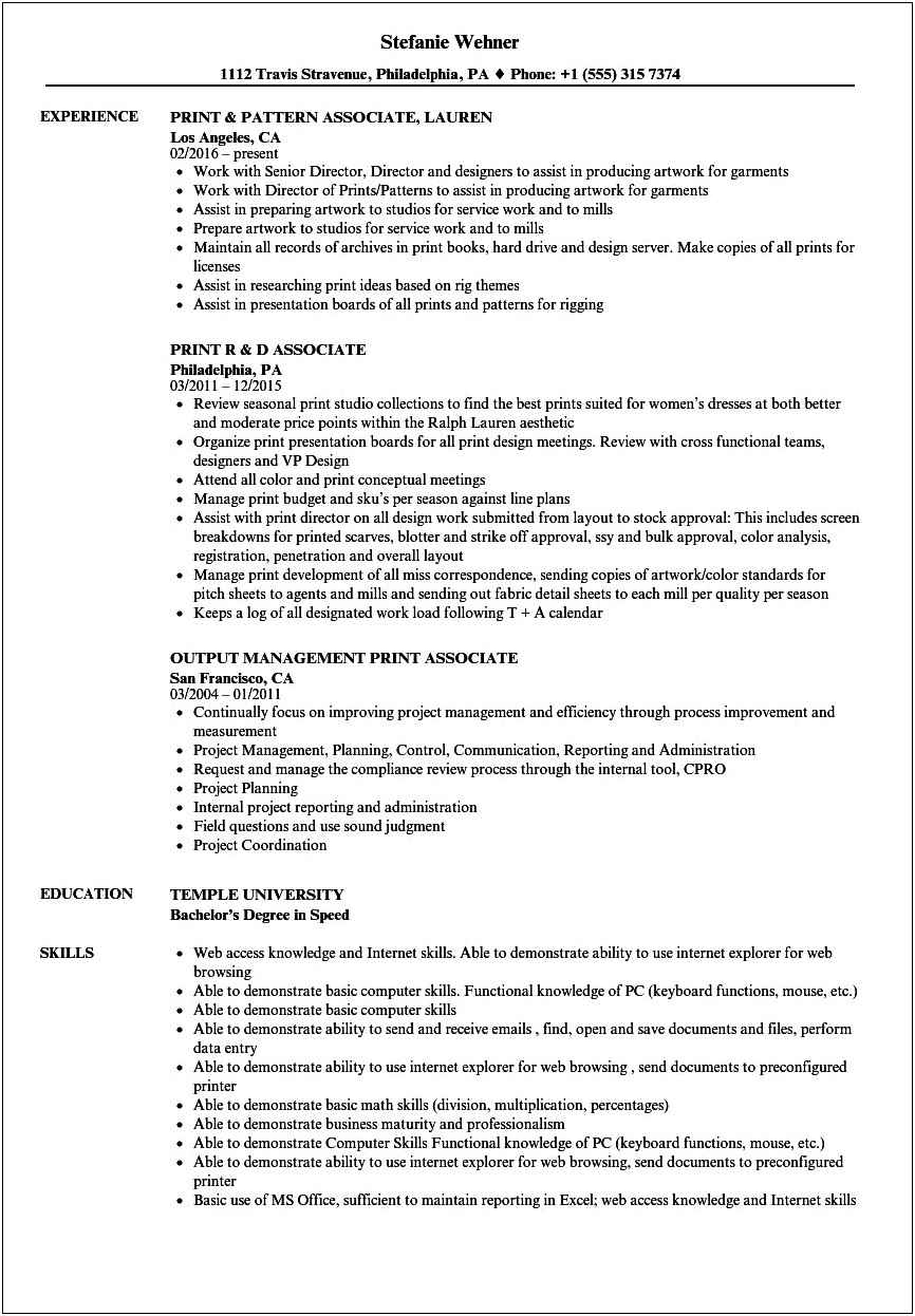 Sample Resume For Printer Operator